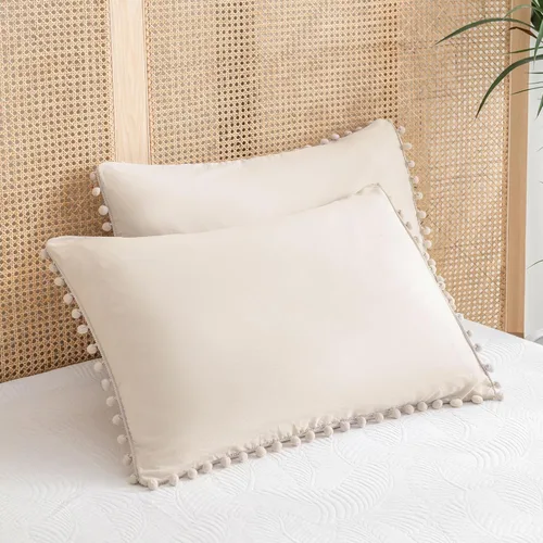 Vista 8 de Juego de 2 fundas de almohada con pompones color verde aguacate, tamaño Queen estándar, 100% microfibra lavada, funda de almohada con flecos de bola