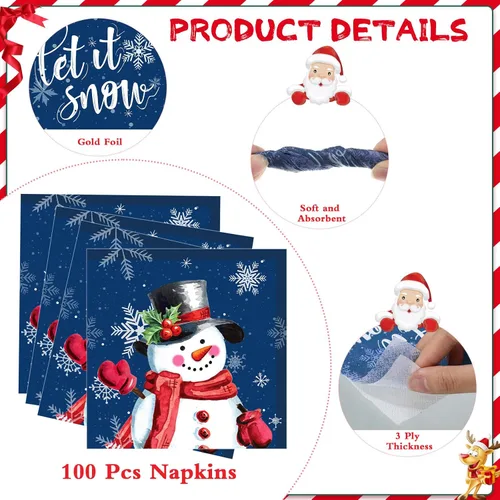 Vista 2 de Faccito 100 servilletas de papel de muñeco de nieve de Navidad, servilletas de cóctel de copo de nieve para Navidad, Año Nuevo, reuniones