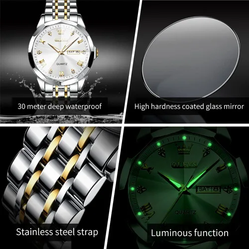 Vista 6 de OLEVS Juego de 2 relojes de cuarzo para parejas de San Valentín, calendario luminoso, ventana de fecha, 3 ATM, impermeable, casual, acero