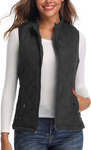 Vista 3 de Chaleco para exteriores de mujer, chaleco acolchado ligero con cremallera y cuello alto.