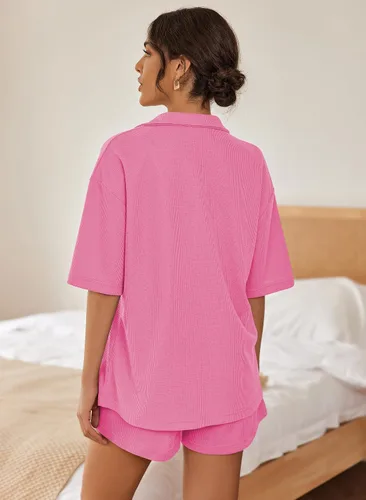 Vista 3 de Ekouaer Conjunto de pijama de 2 piezas para mujer, conjunto de pijama de manga corta