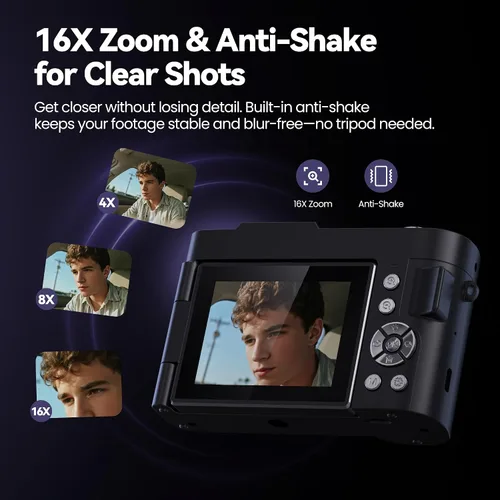 Vista 4 de Cámara digital 4K para fotografía y vlogging: cámaras de 50MP para video - cámara de foto con zoom 16X, regalos de cámara digital para adolescentes