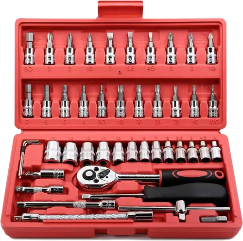 Vista 8 de Juego de 46 piezas de 1/4 de pulgada y 45 dientes con llave de trinquete reversible, kit de herramientas para reparación automática y hogar