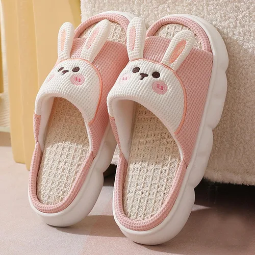Vista 2 de Aucomfo Pantuflas de lino, bonitas pantuflas de animales para mujeres y hombres, bonitas pantuflas de casa para mujeres, pantuflas de casa kawaii
