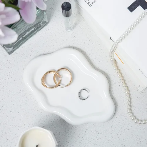 Vista 5 de Plato de baratijas de nube, bandeja de joyería gordita, plato de cerámica para anillos, aretes, collar, organizador del día de la madre, Acción