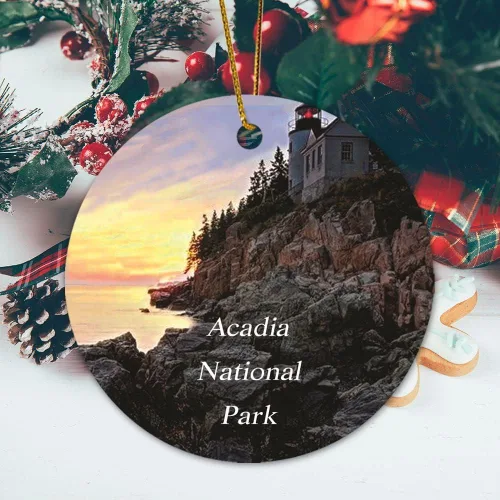 Vista 5 de Adornos de bolas de Navidad, faro de puerto bajo, Parque Nacional Acadia, Maine, adornos de cerámica de paisaje de EE. UU., adorno de árbol