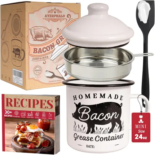 Vista 11 de Recipiente para grasa de tocino con colador - Con espátula de silicona de grado alimenticio de 24oz, recipiente rústico de grasa esmaltado