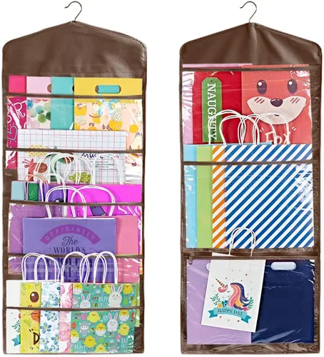 Vista 11 de Bolsa de regalo y almacenamiento de papel de seda, organizador colgante con múltiples bolsillos delanteros y traseros de doble cara, organiza papel