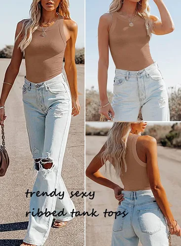 Vista 4 de Samefar Camiseta sin mangas de punto ajustado para mujer, sin mangas, espalda cruzada, casual, básica, acanalada