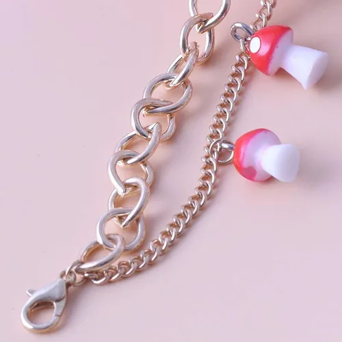 Vista 8 de Rrdaily Tobillera de doble capa con forma de hongo, bonita pulsera de hongo rojo, pulsera combinada para mujeres y niñas, Sin gemas.