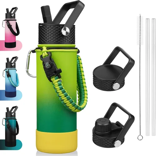 Vista 14 de BJPKPK - Botella de agua con tapa de popote, botellas de agua aisladas de 18 onzas con 3 tapas, asa de cuerda de paracaídas y base antideslizante
