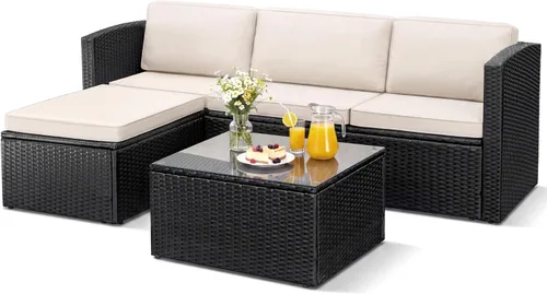 Vista 9 de Greesum Juego de muebles de patio de 3 piezas para exteriores, sofá modular de mimbre con asiento ajustable, cojines suaves y mesa auxiliar