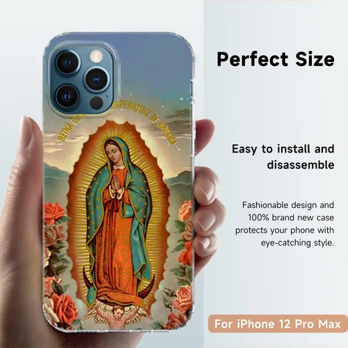 Vista 2 de Funda transparente adecuada para iPhone 12 Pro Max con patrón católico de la Virgen María de Guadalupe de cuatro esquinas, reforzada, a prueba