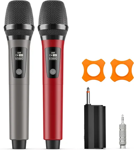 Vista 8 de HWWR Micrófonos inalámbricos, micrófonos duales UHF profesionales para karaoke, sistema de micrófono dinámico inalámbrico con receptor recargable