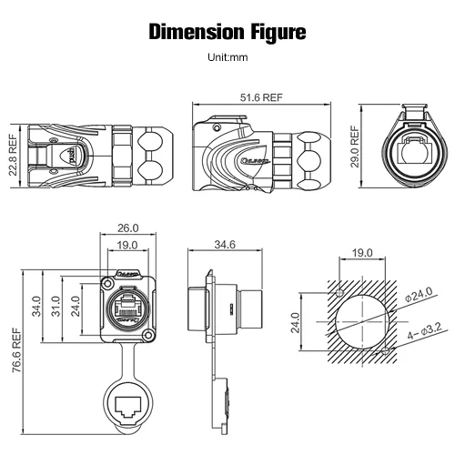 Vista 2 de Conector RJ45, conector circular industrial Ethernet impermeable IP67, conector de doble puerto de aviación 8P8C, conector de señal para el hogar