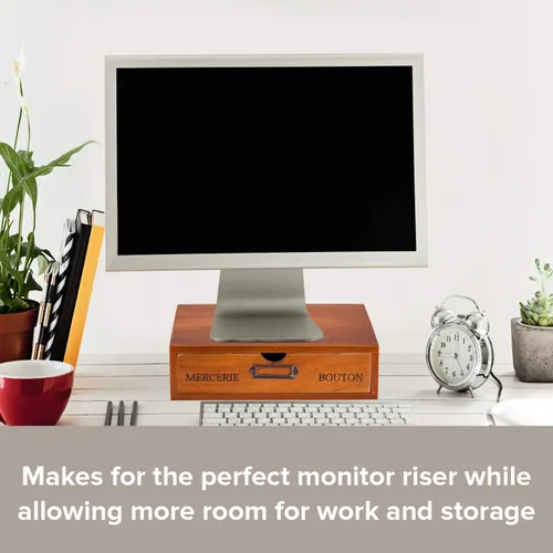 Vista 8 de Mueble de madera con un solo cajón, soporte de monitor de madera maciza para organización y almacenamiento de escritorio, organizador de escritorio