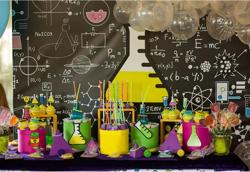 Vista 7 de AOFOTO Telones de fondo creativos de 6 x 4 pies para fotos, química, pizarra, tubos de ensayo, globos, pasteles, dulces, fotografía, fondo de niño