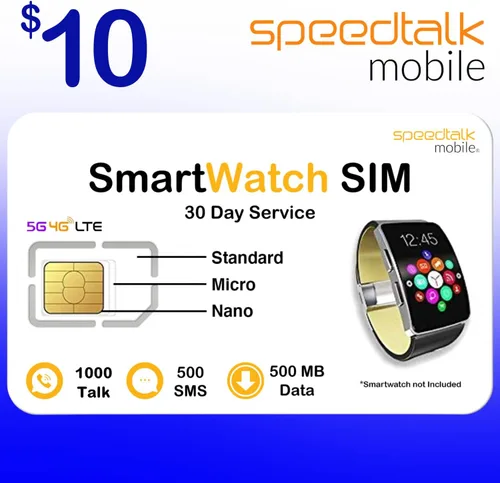 Vista 9 de SpeedTalk Mobile Tarjeta SIM de $6 para relojes inteligentes 150 minutos de conversación, 150 textos, datos de 150 MB Plan de 30 días