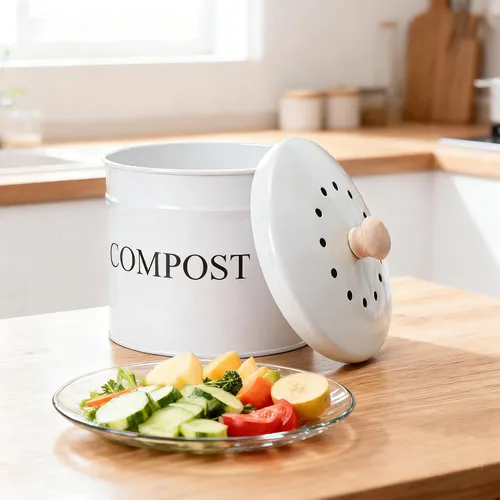 Vista 9 de Contenedor de compostaje – compostador de encimera de 1 galón con tapa, filtros de carbón, contenedor de basura de alimentos para interiores a