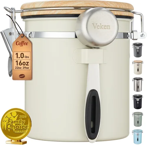 Vista 11 de Veken - Recipiente hermético para café de acero inoxidable, contenedor de almacenamiento de alimentos para la cocina con registro de fecha y cuchara