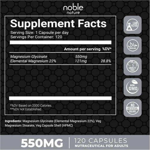 Vista 2 de Glicinato de magnesio de alta absorción 550mg - 120 cápsulas vegetales - 4 meses de suministro
