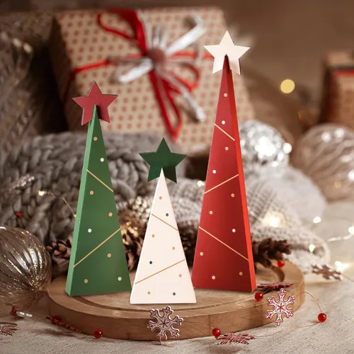Vista 6 de Amorita Decoración rústica de Navidad de 3 piezas, árboles de Navidad de madera, decoración de mesa, árbol de madera independiente, centros de mesa