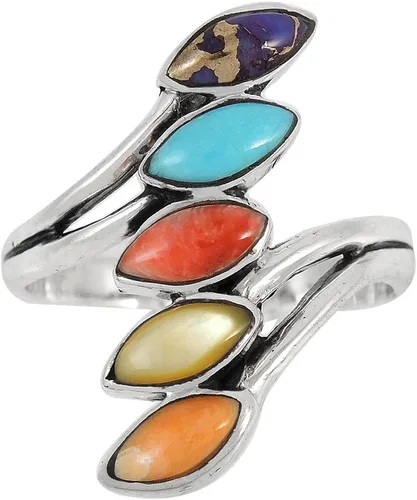 Vista 3 de Anillo de plata de ley, turquesa auténtica y piedras preciosas, Metal, Turquesa