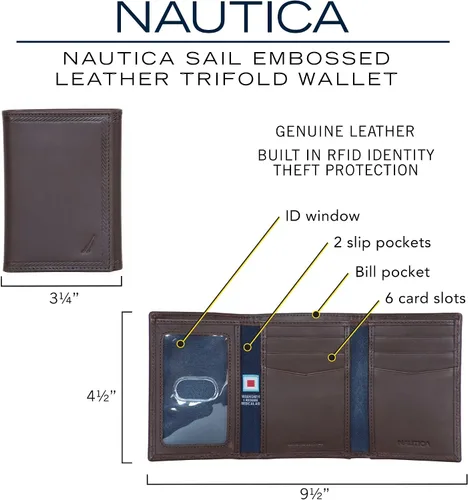Vista 29 de Nautica Men's Trifold Wallet RFID Blocking Protection ID Window Card Slots Genuine Leather Durable