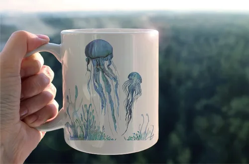 Vista 3 de kunlisa Taza de cerámica de medusas de acuarela, taza de cerámica para parejas de medusas de vida marina, taza de té con leche de 11 onzas, regalos