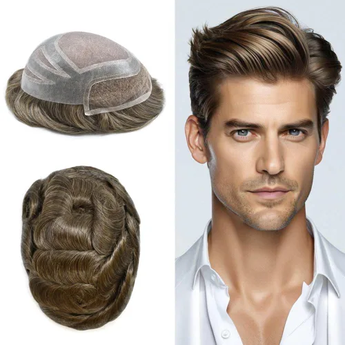Vista 45 de Toupee - Piezas de pelo para hombres, cabello humano real, sistema de reemplazo de cabello francés, encaje francés, extensiones de cabello