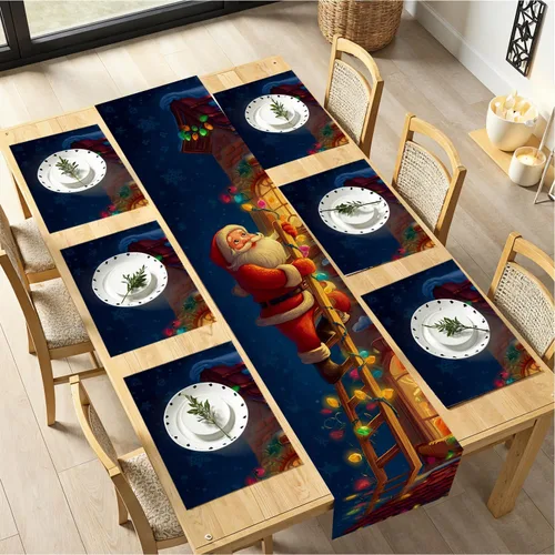 Vista 10 de Juego de manteles individuales y camino de mesa de muñeco de nieve y árbol de Navidad, 7 piezas (1 camino de mesa + 6 manteles individuales), diseño