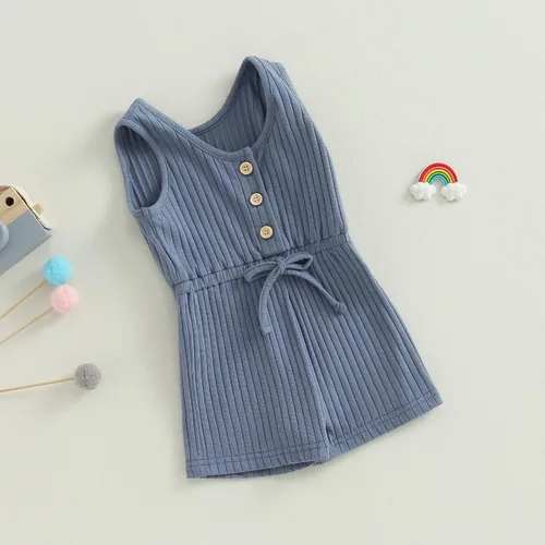 Vista 18 de Traje de verano para niña pequeña, de manga corta, acanalado, overol liso, pantalones cortos, ropa para recién nacidos
