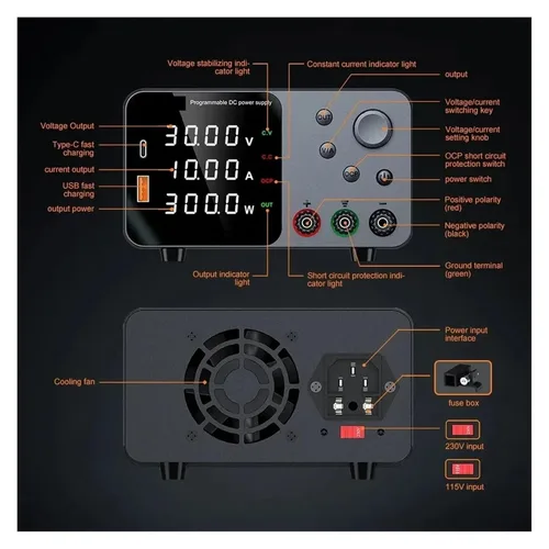 Vista 7 de Fuente de alimentación de 30V 10A CC Fuente de alimentación de banco de CC regulada de conmutación variable para carga rápida Pantalla LED