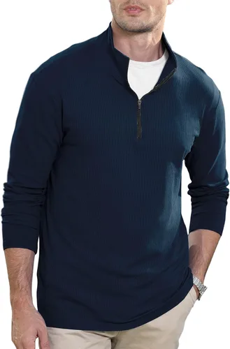 Vista 2 de PICKLION Men Long Sleeve Sweatshirts Stand Collar Vertical Striped Quarter Zip Thermal Pullover Sweaters