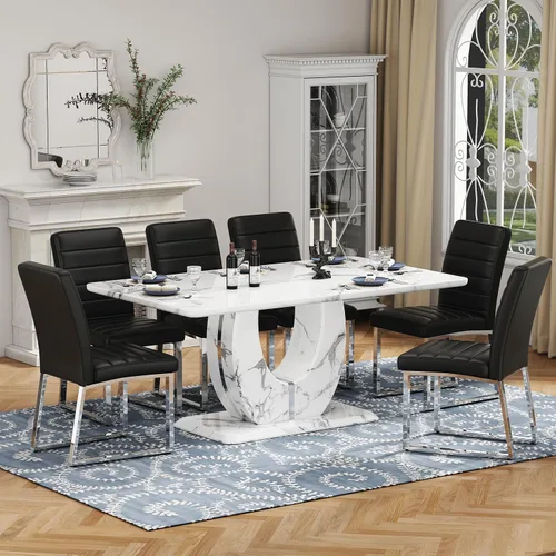 Vista 21 de Moderno juego de mesa de comedor de mármol sintético para 4, mesa de cocina rectangular blanca de 63 pulgadas con elegante base de pedestal