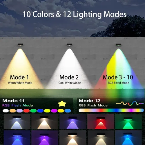 Vista 7 de Luces Solares para Valla, 10 Modos de Cambio de Color RGB, Luces Solares Impermeables con Energía Solar IP65, 30 Horas de Funcionamiento, Fácil