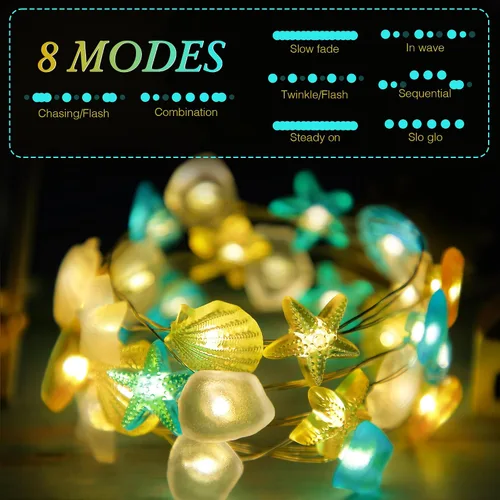 Vista 3 de Guirnalda de luces con temática oceánica, 30 luces LED de hadas de conchas de mar de 10 pies, 1 unidad 8 modos de iluminación, USB y batería