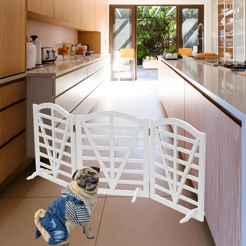 Vista 6 de Puerta de madera para perros, puerta independiente para mascotas, puerta plegable para mascotas, cercas para perros de interior con soporte de 3