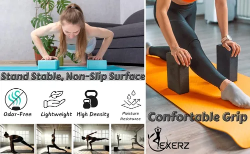 Vista 6 de EXERZ Bloques de yoga, paquete de 2, bloques de gimnasio, ladrillos de entrenamiento de fitness, soporte de mano elástico para pilates antideslizante