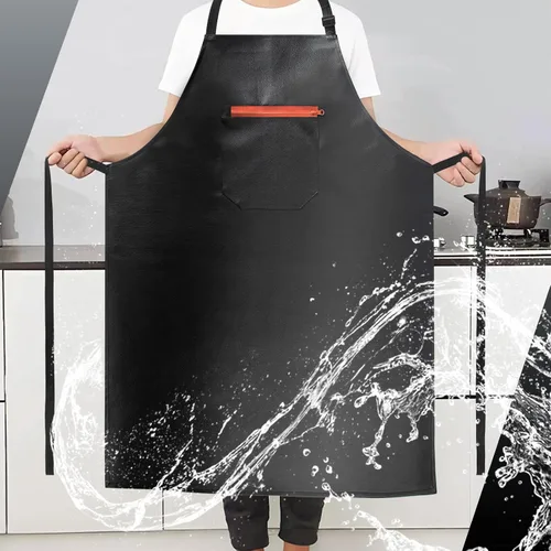 Vista 7 de Delantal impermeable, delantal de vinilo de goma extra largo resistente con bolsillo para hombres, delantales ajustables resistentes a productos