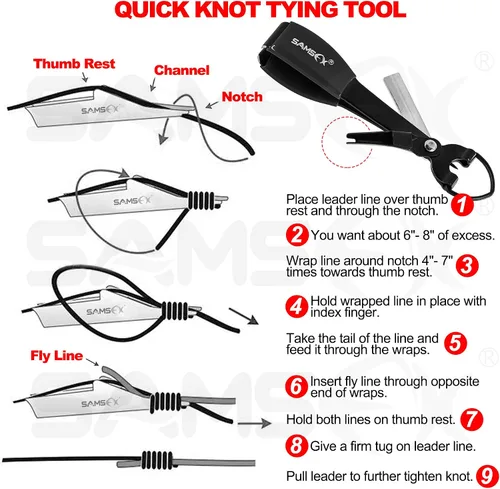 Vista 5 de SAMSFX Herramienta para atar nudos de pesca, pinzas de pesca con mosca multifuncionales con retractor, hilo de pesca Knot Tyer, nudos de uñas
