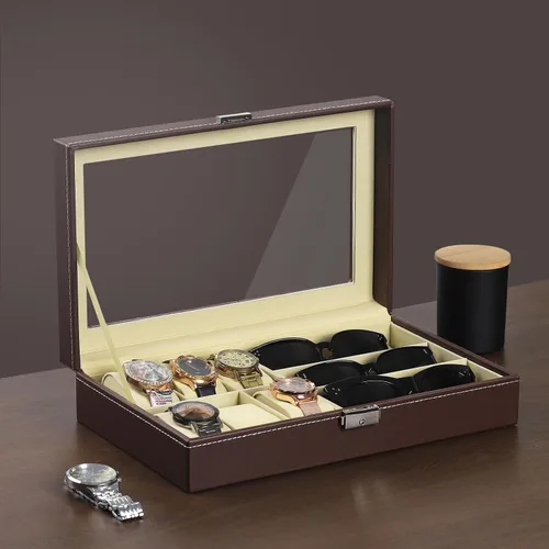 Vista 10 de AUTOARK AW-004 - Caja de cuero para 6 relojes y 3 lentes y gafas de sol con organizador de joyas, cajas de almacenamiento para hombre y mujer, tapa