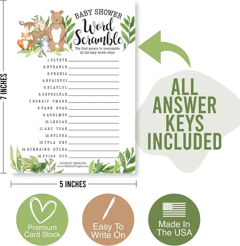 Vista 8 de Hadley Designs 25 palabras del bosque Scramble para baby shower, 25 juegos verdaderos o falsos, 25 juegos de animales de bebé, 25 juegos de rimas
