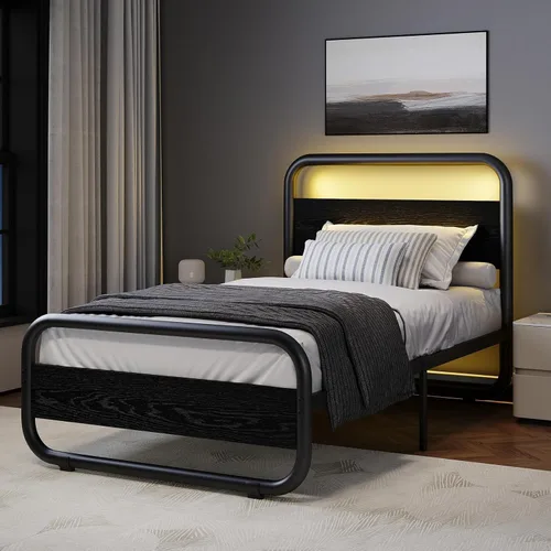 Vista 7 de Catrimown - Marco para cama individual con luces LED, marco de cama plataforma individual resistente de metal rústico con cabecera de madera