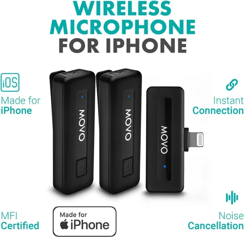 Vista 2 de Movo Micrófono inalámbrico Mini DI Duo - Micrófono de grabación de video para iPhone con micrófono Lavalier, batería de 10 HR, rango de 164 pies