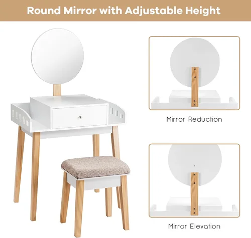 Vista 3 de MAT EXPERT Juego de tocador con espejo de altura ajustable, tocador de madera maciza blanca con taburete acolchado, tocador de maquillaje con cajón