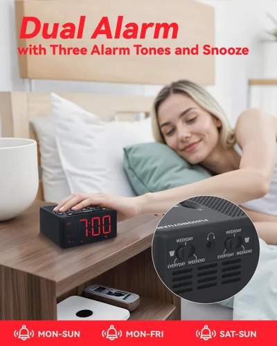 Vista 4 de Reloj de alarma digital con radio AM/FM, preajustes, alarmas duales, alarma de días laborables/fines de semana, función de repetición, temporizador