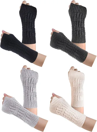 Vista 15 de Loritta Guantes sin dedos para mujer, calentadores de brazos con orificio para el pulgar de invierno de punto y ganchillo A1-beige/gris claro/gris