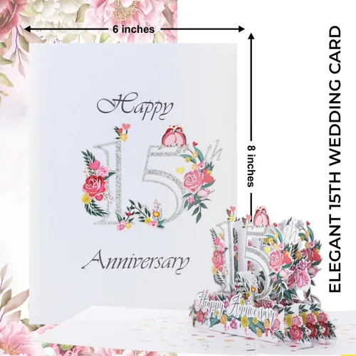 Vista 6 de iGifts And Cards Tarjeta desplegable 3D de 15 aniversario – aniversario de boda de 15 años para pareja, recuerdo romántico para marido, esposa