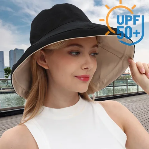Vista 7 de vidsel Sombreros de sol para mujer, de ala ancha, reversible, de algodón, plegable, de verano, con clip para sombrero, protección UV negro beige